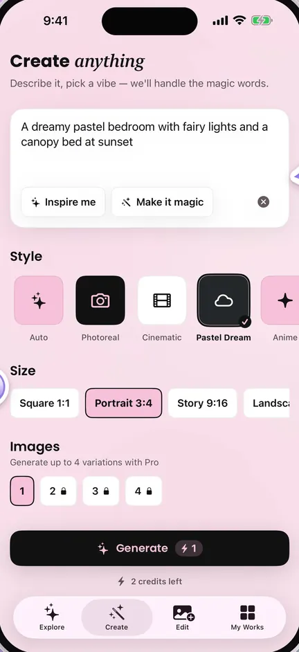 Create: a prompt with Inspire me and Make it magic, styles and sizes